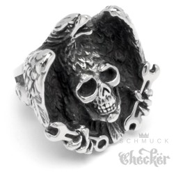 Großer Bikerring mit Adler, Totenkopf & Schraubenschlüssel aus Edelstahl Geschenk