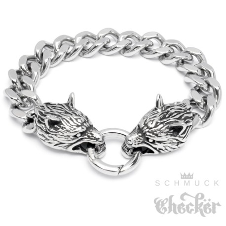 Wolf Panzerarmband mit Ringverschluss aus Edelstahl silber Wölfe Männer-Armband