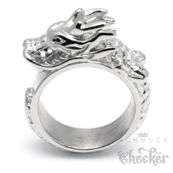 Drachen-Ring aus Edelstahl asiatischer Glücksbringer Dragon silber Biker Schmuck