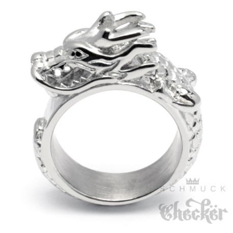 Drachen-Ring aus Edelstahl asiatischer Glücksbringer Dragon silber Biker Schmuck