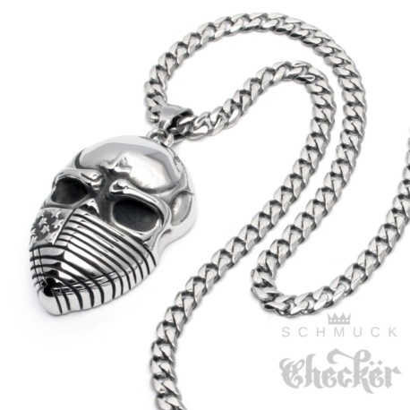 Edelstahl Anhänger Bandit US-Flagge Totenkopf Outlaw Gangster Symbol Panzerkette