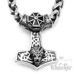 XL Anhänger Thor Hammer massiv Edelstahl Löwenkopf Eisernes Kreuz + 60cm Kette