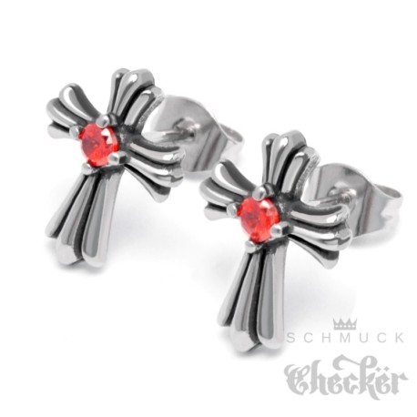 Verzierte Kreuz-Ohrstecker mit roten Zirkonia aus 316L Edelstahl silber Geschenk