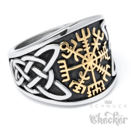 Wikingerring mit Runen-Kompass Vegvisir nordischer Ring Edelstahl silber hochwertig