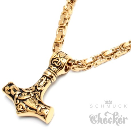 Thors Hammer Mjölnir aus vergoldetem Edelstahl mit Königskette Wikingerschmuck gold