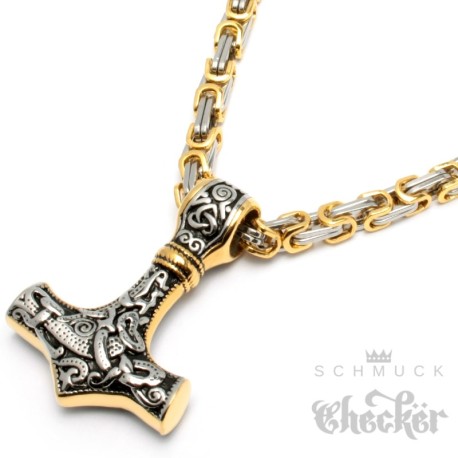Thors Hammer Mjölnir silber & gold aus Edelstahl mit Königskette Wikingerschmuck
