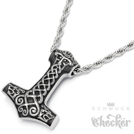 Verzierter Thorhammer Mjölnir mit Gott-Vater Wodan und 2 Wölfen aus Edelstahl Germanen