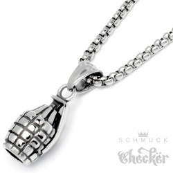 Handgranate Anhänger aus Edelstahl mit Halskette silber Herren-Schmuck 3D Granate