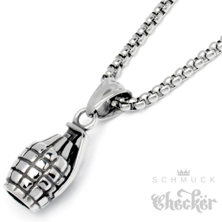 Handgranate Anhänger aus Edelstahl mit Halskette silber Herren-Schmuck 3D Granate