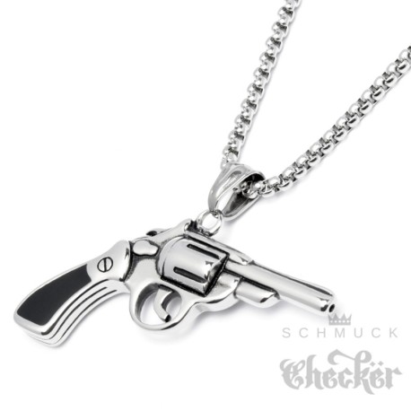 Trommel-Revolver Ketten-Anhänger aus Edelstahl Halskette 3D Cop Cowboy Pistole