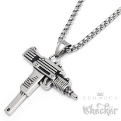 Uzi Maschinenpistole Ketten-Anhänger aus Edelstahl silber poliert Gangster-Schmuck