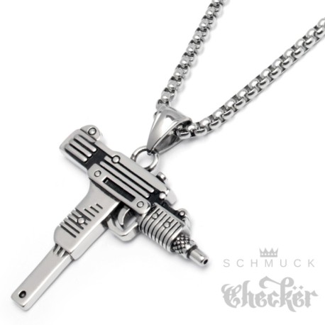 Uzi Maschinenpistole Ketten-Anhänger aus Edelstahl silber poliert Gangster-Schmuck