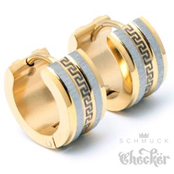 Edelstahl Herren Ohrringe Klapp-Creolen gold Mäander poliert gebürstet 13mm Ø