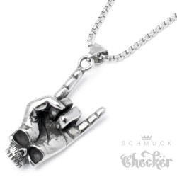 Heavy Metal Hand mit Skull Devil Horns Pommesgabel Mano Cornut Edelstahl Halskette