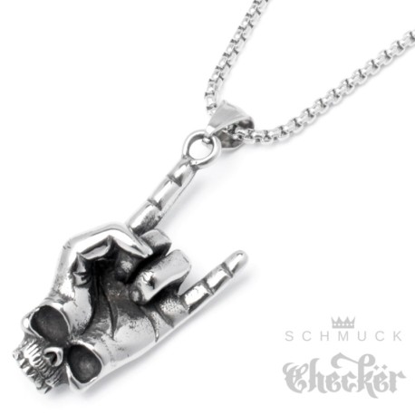 Heavy Metal Hand mit Skull Devil Horns Pommesgabel Mano Cornut Edelstahl Halskette