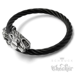 Armreif mit Wolfsköpfen flexibles Stahlseil Armband silber schwarz Wolf Geschenk