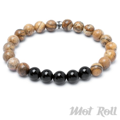 Beiges Mot Roll Perlen-Armband mit schwarzem Onyx kombiniert Edelstein Herren Geschenk