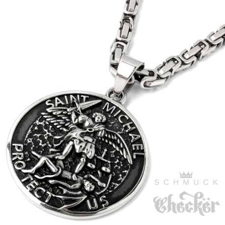 Großes St. Michael Medaillon aus 316L Edelstahl silber Königskette Herren Anhänger