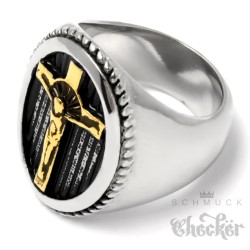 Silberner Ring mit goldenem Kreuz und Jesus aus massivem Edelstahl Herren Geschenk
