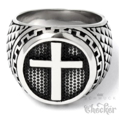 Kreuz Ring aus massivem 316L Edelstahl verzierter Herren Siegelring silber Geschenk