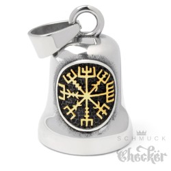 Hochwertige Bikerbell mit goldenem Vegvisir Runenkompass Edelstahl Glücksglöckchen