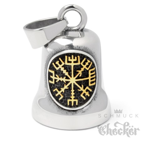 Hochwertige Bikerbell mit goldenem Vegvisir Runenkompass Edelstahl Glücksglöckchen