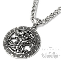 Baum des Lebens mit Pentagramm und Runenkreis Yggdrasil Edelstahl Anhänger Halskette