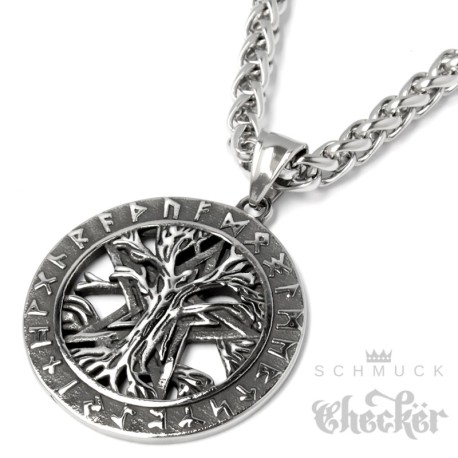 Baum des Lebens mit Pentagramm und Runenkreis Yggdrasil Edelstahl Anhänger Halskette