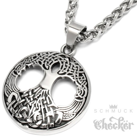 Yggdrasil Anhänger aus Edelstahl verzierter Welten-Baum aus Edelstahl Germanen Kette