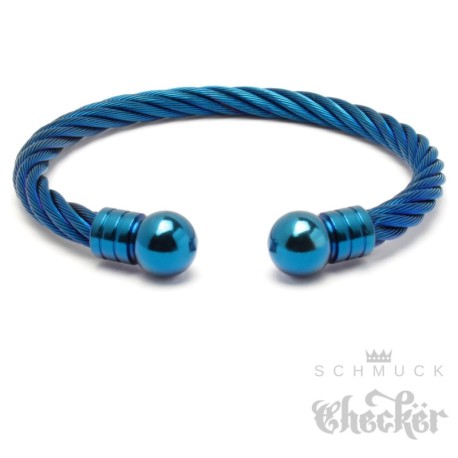 Schicker Herren Armreif aus flexiblem Stahlseil silber & blau Edelstahl Schmuck