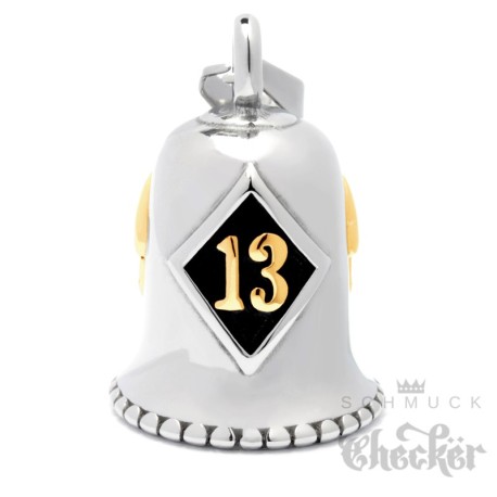 Bikerbell mit goldener 13 und Totenköpfen Glücksbringer Edelstahl Motorrad Glocke