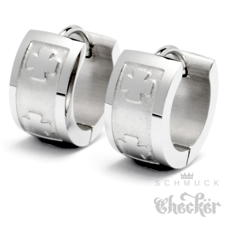 Klapp-Creolen mit 2 Eisernen Kreuzen Herren Ohrringe aus Edelstahl silber poliert