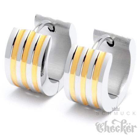 Hochwertige Herren Ohrringe silber gold gestreift Edelstahl Klapp-Creolen Geschenk