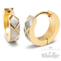 Herren Ohrringe gold & silber X-Muster Klapp-Creolen aus gebürstetem Edelstahl