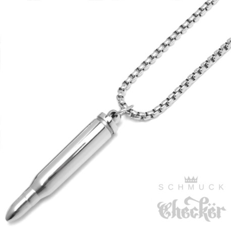 Silberne Kugel Kettenanhänger Edelstahl silber Bullet Patrone Egoshooter Glücksbringer