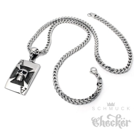 Edelstahl Biker Anhänger Karte Ass Ace Eisernes Kreuz Totenkopf massiv + Kette