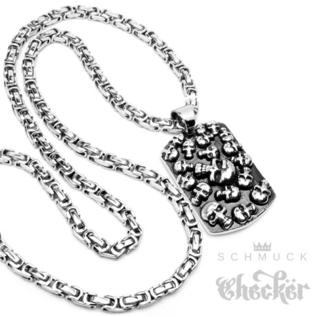 XL Edelstahl Herren Anhänger DogTag Totenkopf silber schwarz + Königskette Biker