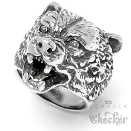 Großer Bären-Ring aus Edelstahl silber hochwertig Bär Grizzly Männer Bikerschmuck