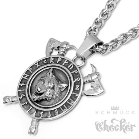 Wikingerschmuck Halskette Wolf mit überkreuzen Äxten und Schutzrunen aus Edelstahl