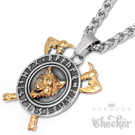 Wikingerschmuck goldener Wolf mit überkreuzen Äxten und Runen Edelstahl silber Kette