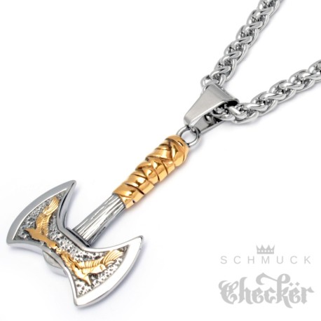 Verzierte Streitaxt mit goldenen Raben Wikingerschmuck aus Edelstahl Anhänger Kette