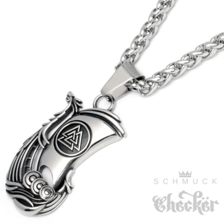 Wikinger-Schiff Kettenanhänger aus Edelstahl Valknut Drachenschiff mit Halskette