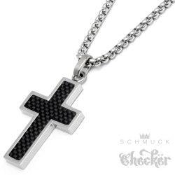 Hochwertiger Herren Kreuz Anhänger Edelstahl silbern Carbon schwarz + 60cm Kette