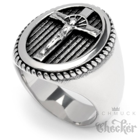 Ring mit Kreuz & Jesus silber aus massivem Edelstahl 316L Christliches Herren Geschenk