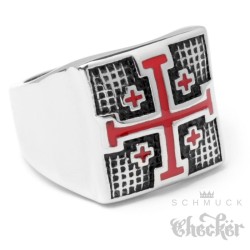 Templer Orden Ring Jerusalem Kreuz massiv Edelstahl 316L silber Rot Kreuzritter