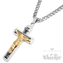 Herren Kreuz-Anhänger silber & gold aus Edelstahl Jesus Kreuz mit Kette Geschenk
