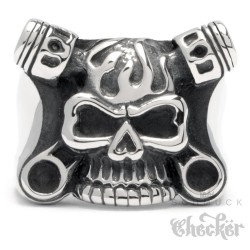 Totenkopf Ring aus Edelstahl mit Kolben und Flammen Motorradfahrer Bikerring Rocker