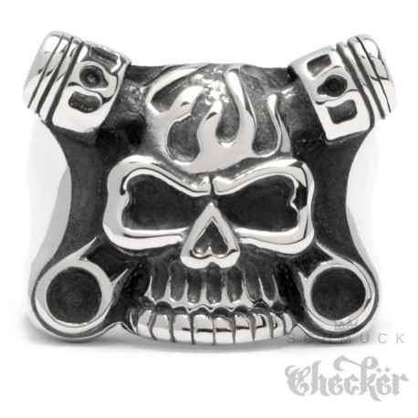 Totenkopf Ring aus Edelstahl mit Kolben und Flammen Motorradfahrer Bikerring Rocker