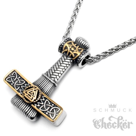 Mjölnir mit goldenem Valknut und Zopfkette Wikingerschmuck aus Edelstahl Geschenk
