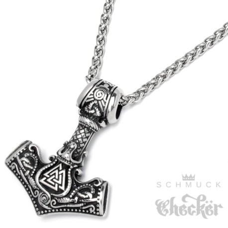 Thors Hammer Mjölnir verziert mit Valknut Edelstahl Wikingerschmuck Männer Geschenk